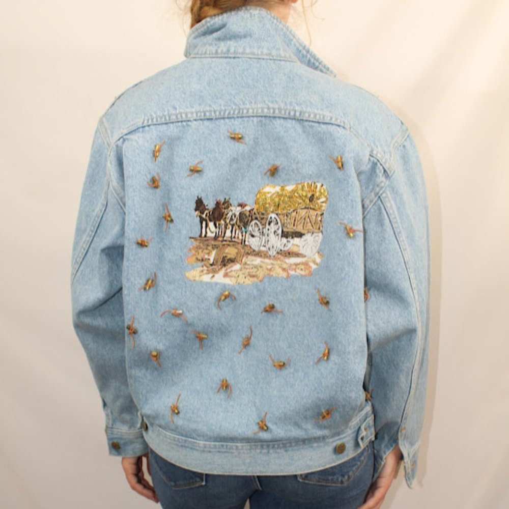 Horse Wagon Embroidery Jean Jacket with 22LR Shells -Hand crafted Women's Size M